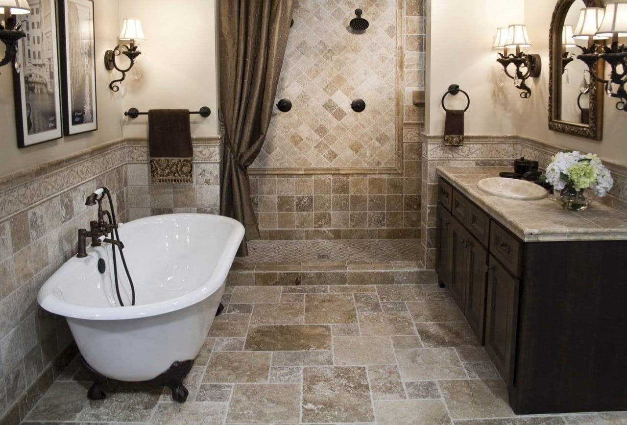bathroom simple bathroom remodel ideas with brown granite tile flooring also half wall included dark brown sink cabinet as well as bathro1